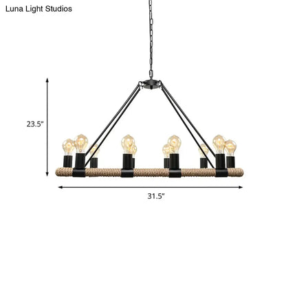 Decorbites 10 bulbs chandelier lighting with black metal frame natural rope base e26 e27 bulb base inches fixture