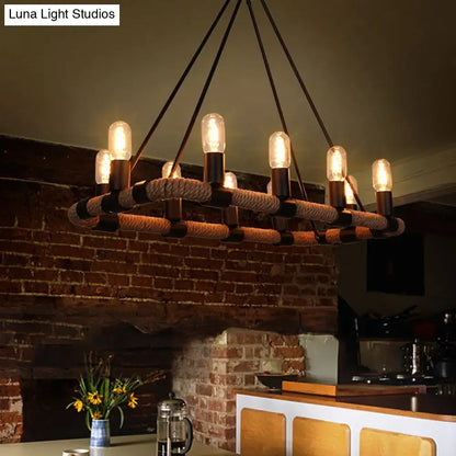 Decorbites 10 bulbs chandelier lighting with black metal pipes and natural rope detail e26 e27 bulb base fixture
