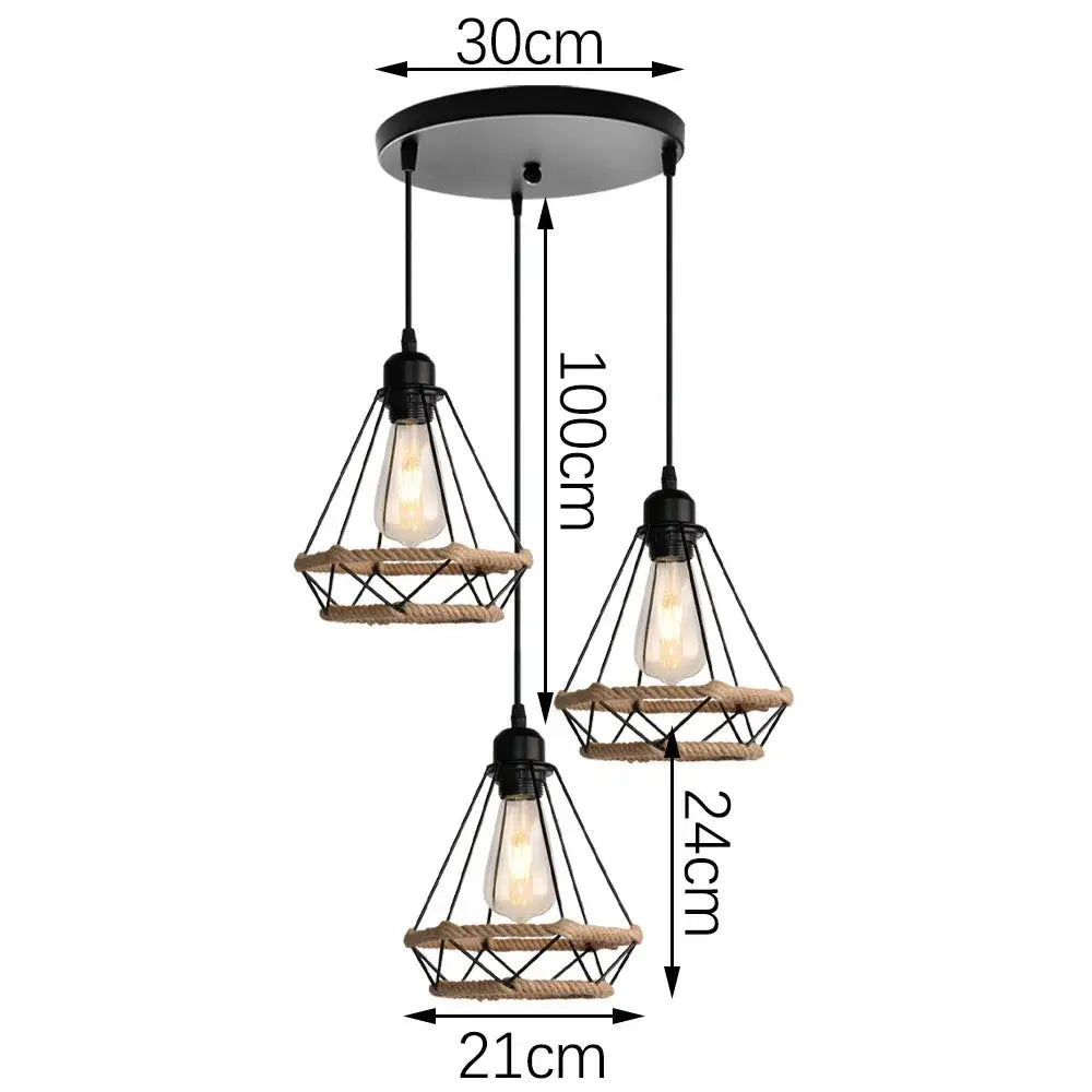 Industrial black metal and rope hanging lamp with three exposed bulbs for kitchen decorbites industrial hanging lighting