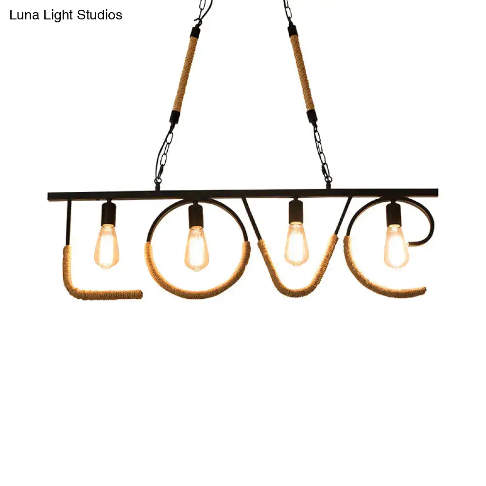 Decorbites™ industrial metal and rope island lamp beige finish with love design and chain cord length for 4 bulbs