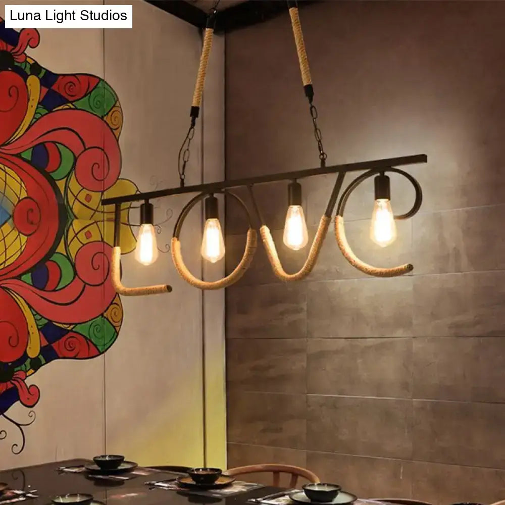Decorbites industrial metal and rope island lamp with love design four exposed bulbs beige finish and chain cord length