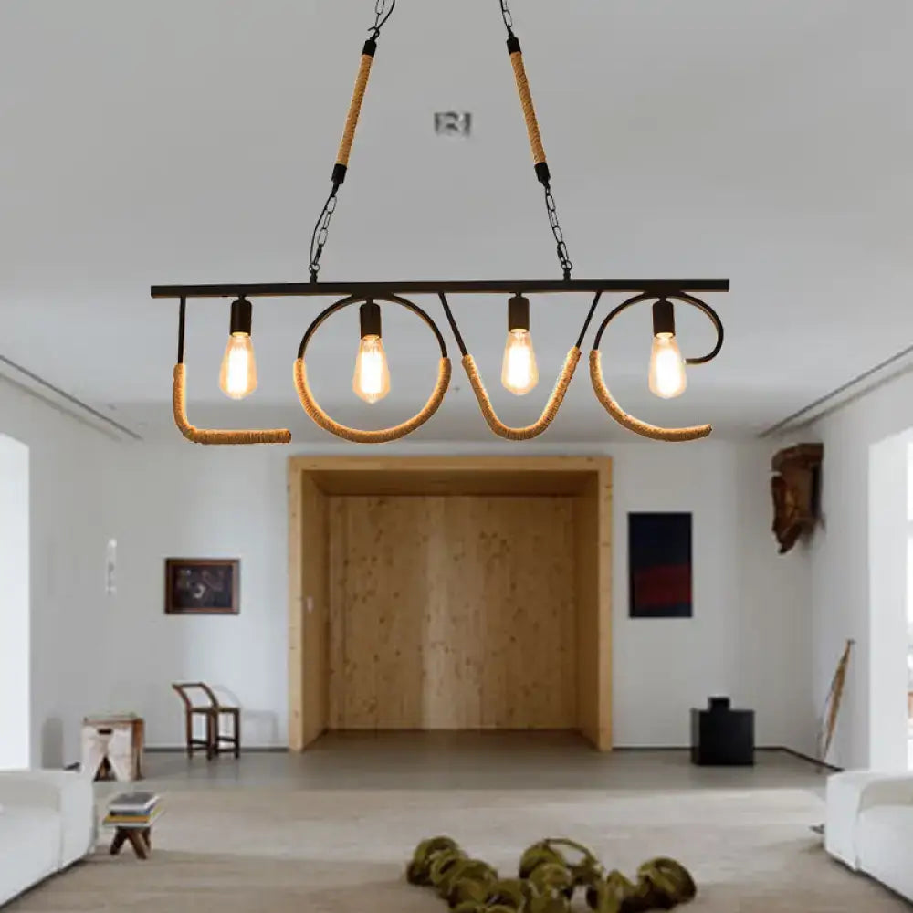 Industrial metal and rope island lamp with four exposed edison bulbs and woven rope love design beige finish chain cord length