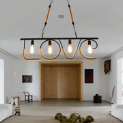 Industrial metal and rope island lamp with four exposed edison bulbs and woven rope love design beige finish chain cord length
