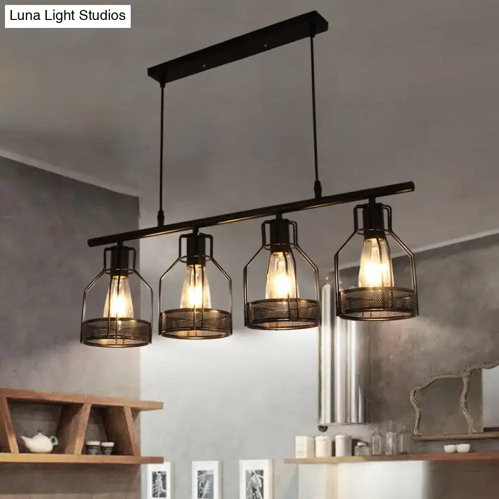 DecorBites industrial metal bar chandelier in black features four filament bulbs in bird cage mesh cages