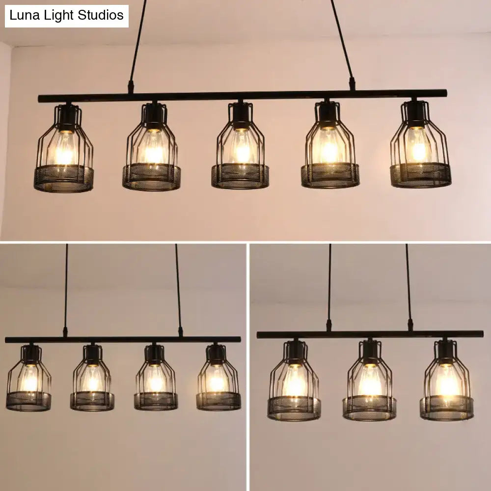 DecorBites™ industrial metal bar chandelier black with five cage-like glass shades bird cage island lighting fixture
