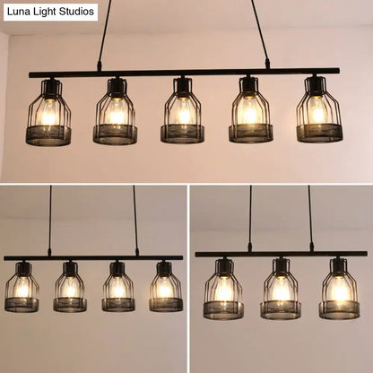 DecorBites™ industrial metal bar chandelier black with five cage-like glass shades bird cage island lighting fixture