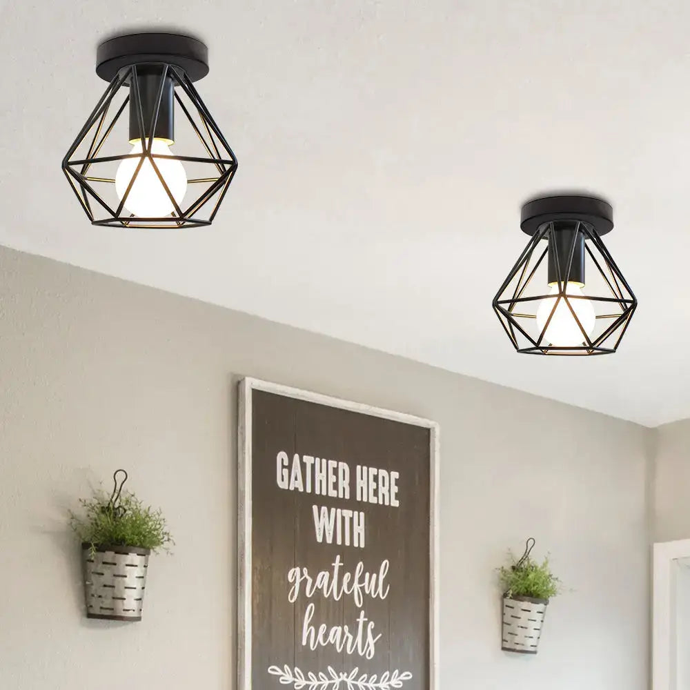 Black metal industrial led ceiling light with geometric cage design and warm bulb for kitchen decorbites industrial led decor