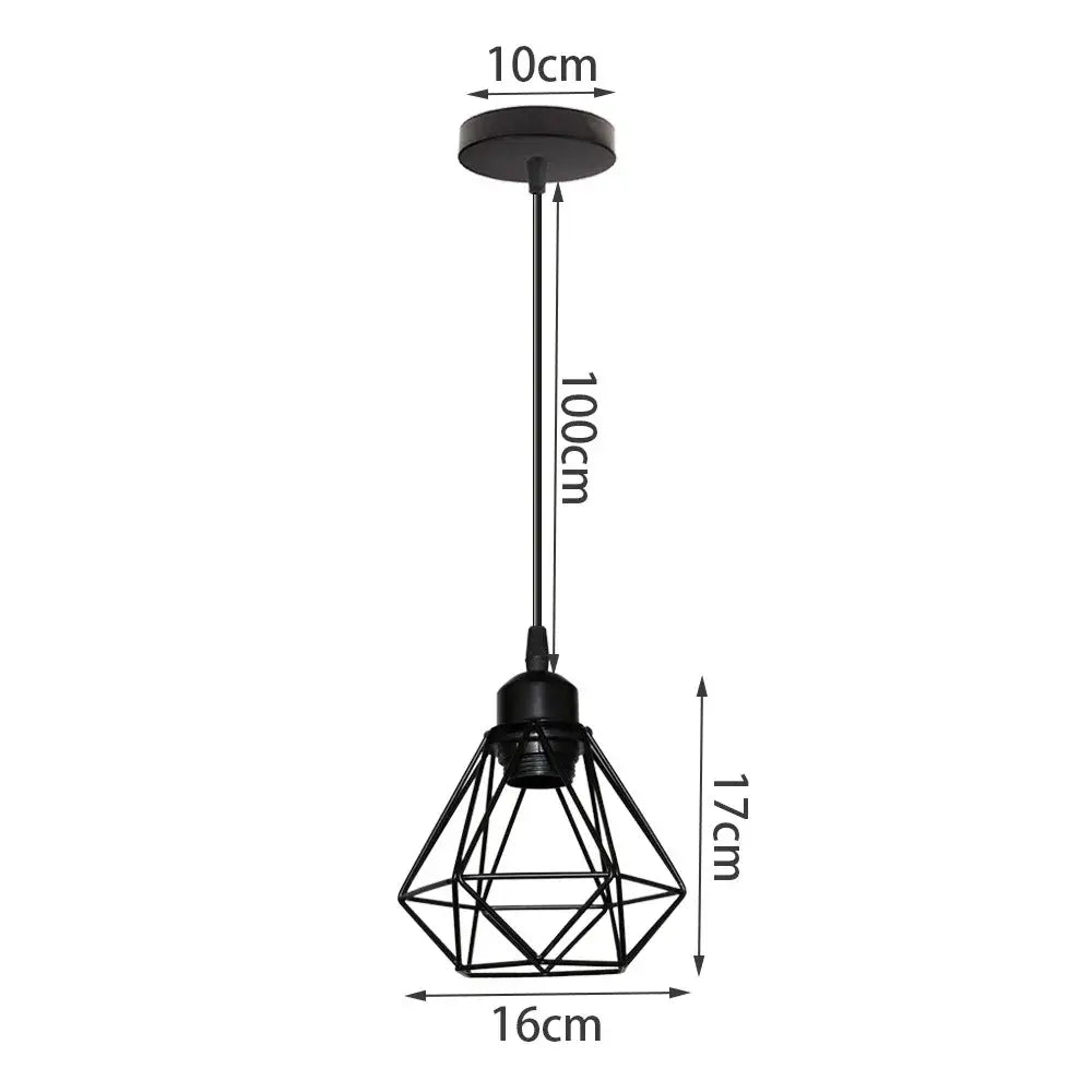 Industrial black metal mini pendant light with geometric diamond-shaped cage design for dining room use