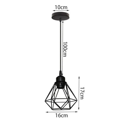 Industrial black metal mini pendant light with geometric diamond-shaped cage design for dining room use