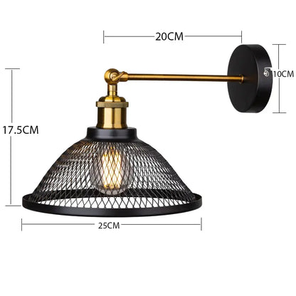 Industrial black metal cage wall lamp with brass finished arm and conical mesh shade by decorbites black metal