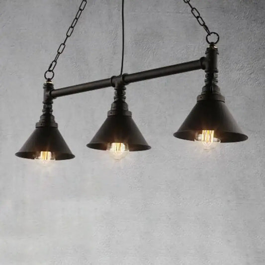 Decorbites industrial conical 3-head black hanging ceiling light with black metal shades and exposed filament bulbs for restaurants
