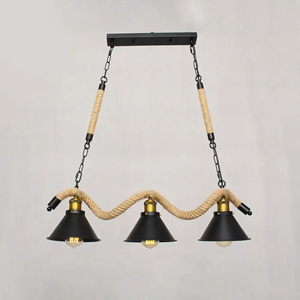 Decorbites™ industrial metal conical island ceiling light with black conical shades, brass fixtures, and wavy hemp rope accents