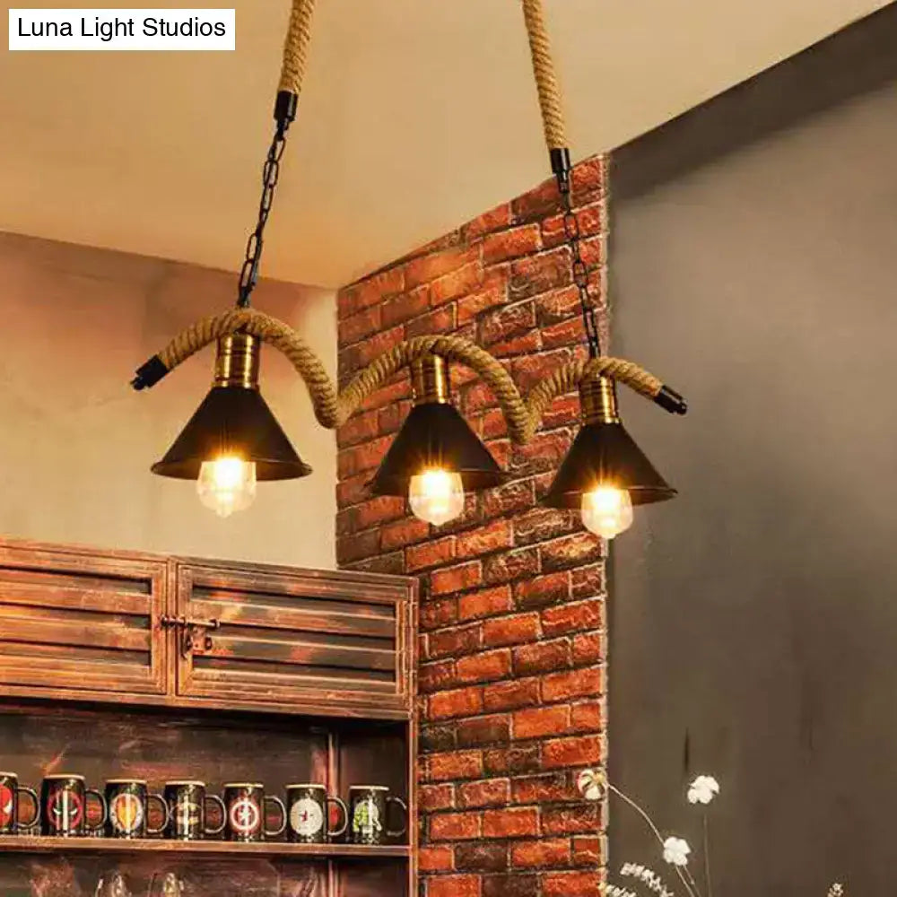 Decorbites industrial metal conical island ceiling light with three dark metal shades and thick wavy hemp rope suspension