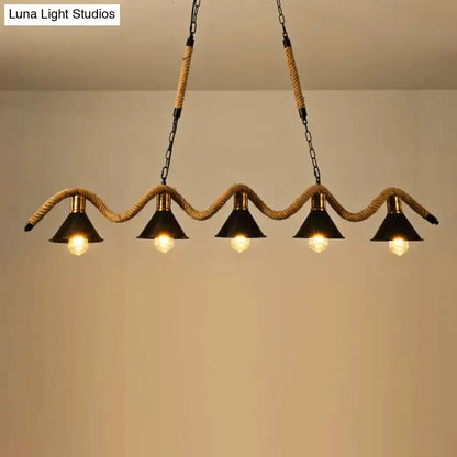DecorBites™ industrial metal conical island ceiling light bar pendant with five black shades and wavy hemp rope suspension