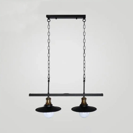 Decorbites industrial flared metal ceiling light in black features two exposed bulbs with brass accents and adjustable chain height