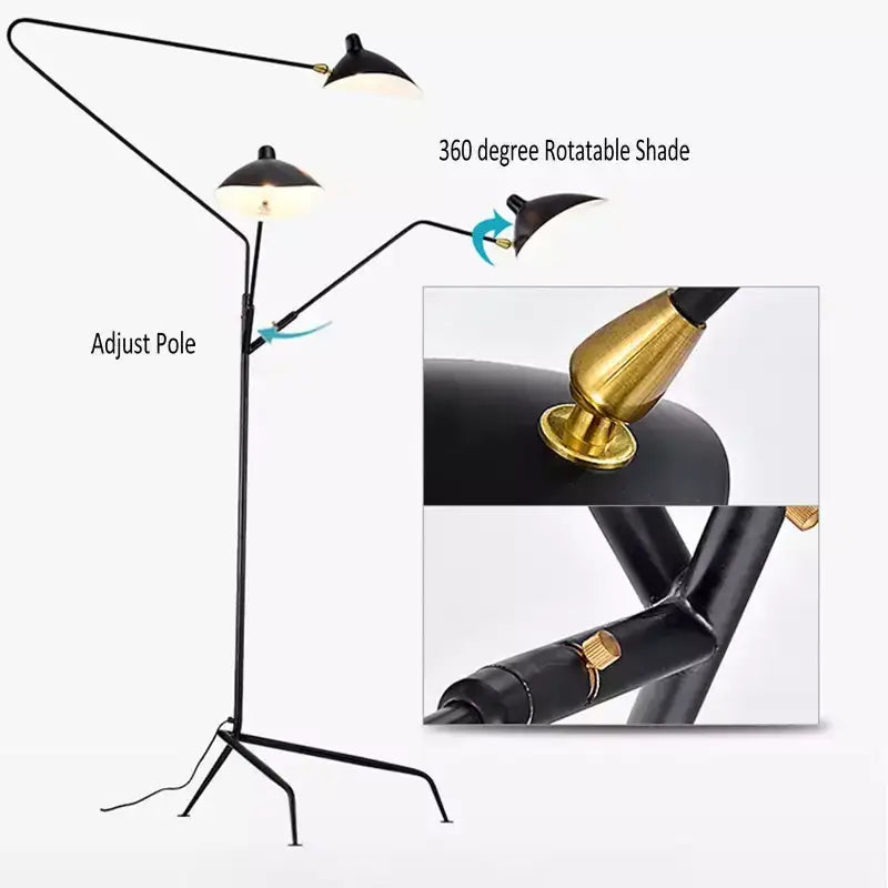 Industrial black metal floor lamp with gold accents three light tripod and 360-degree adjustable black serge mouille shades