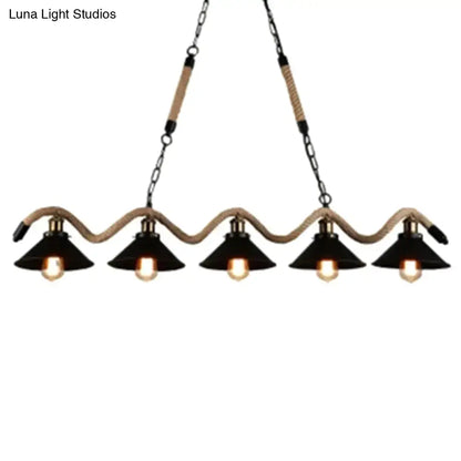 Industrial black metal island chandelier with five black metal shades and natural rope accents for kitchen island lighting