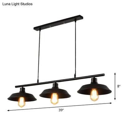 Black industrial-style metal island lamp with three exposed filament led incandescent bulbs for dining room use