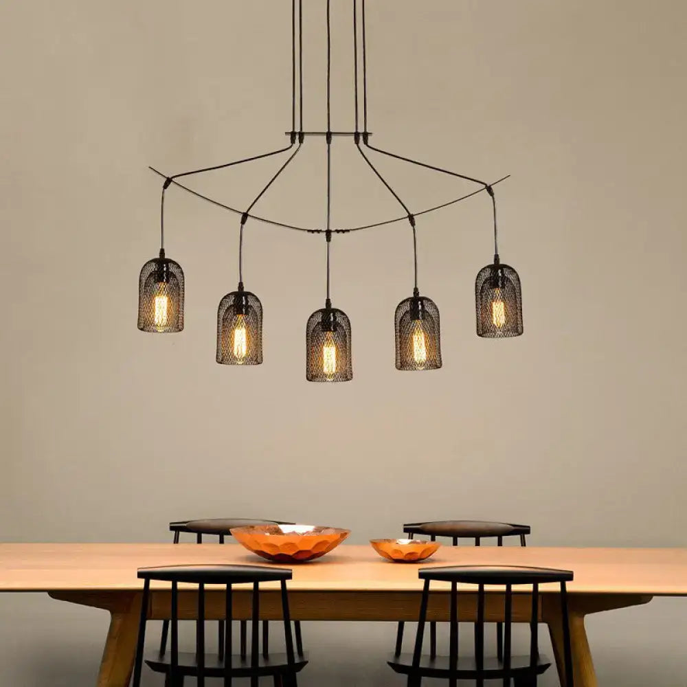 Decorbites™ industrial black wrought iron hanging ceiling lamp with five cage-style mesh bell shades