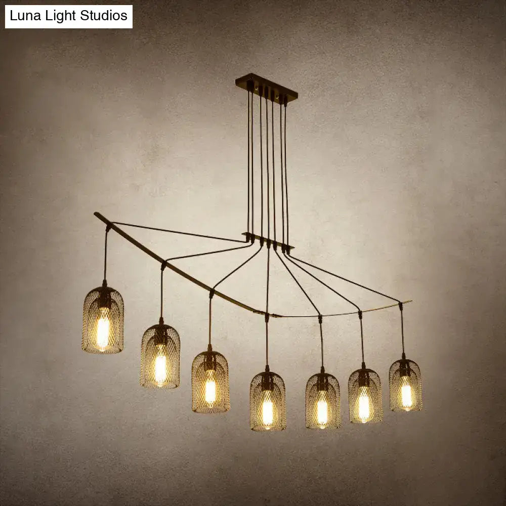 Decorbites industrial metal black hanging ceiling lamp with six warm-toned cage-like mesh bell shades