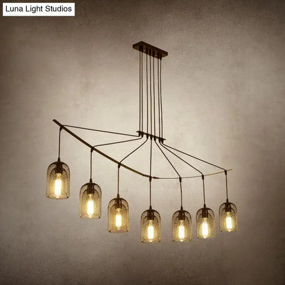 Decorbites industrial metal black hanging ceiling lamp with six warm-toned cage-like mesh bell shades