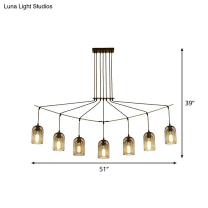 DecorBites™ industrial metal black hanging ceiling lamp with seven warm-toned textured glass shades