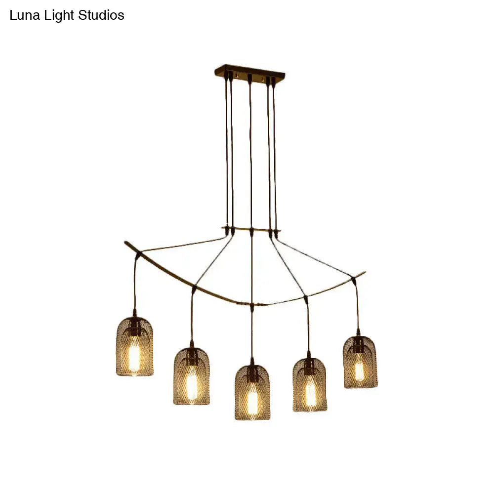 DecorBites industrial bronze metal hanging ceiling lamp with five amber glass shades and mesh bell design
