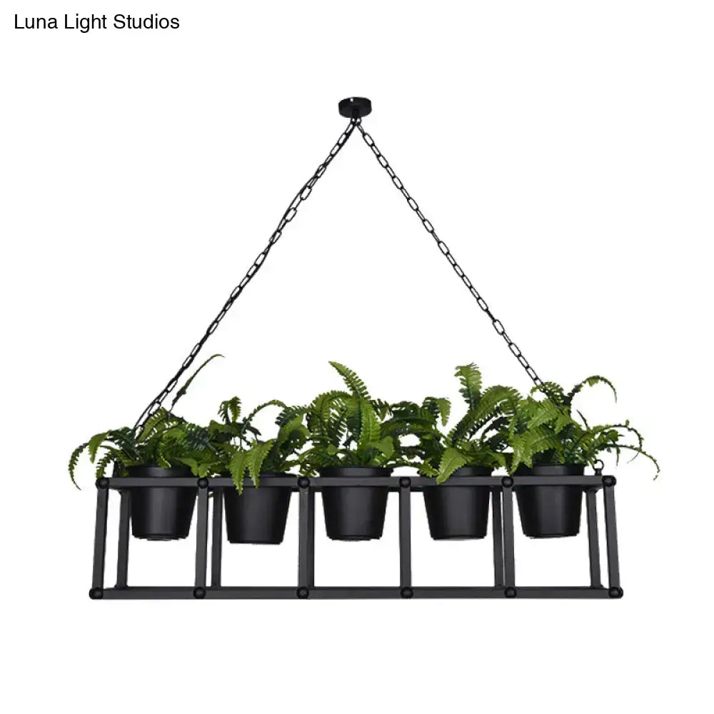 Decorbites™ black metal industrial rectangle island light fixture with hanging plant rack holding five lush green ferns