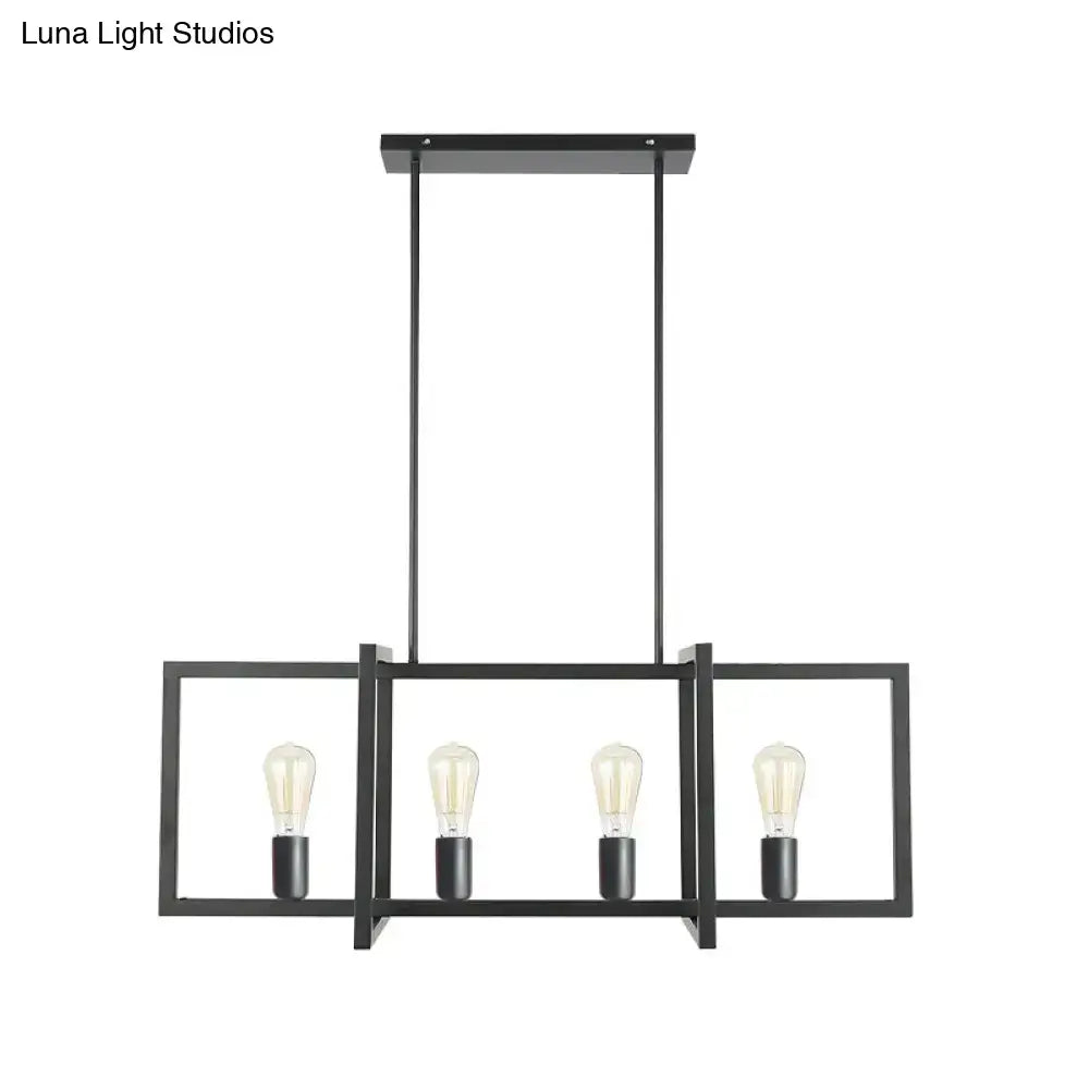 Black metal rectangular 4-head industrial metal pendant ceiling light with exposed edison-style bulbs for living room