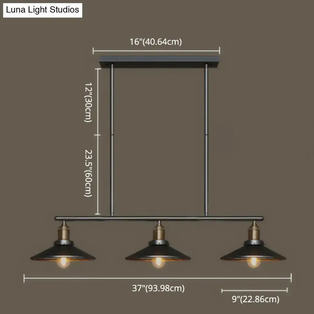 Industrial black metal island pendant with three cone shade lights and brass accents for dining room illumination