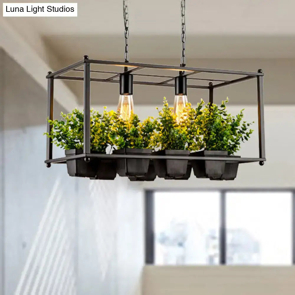 Decorbites industrial metal rectangular black chandelier with two e26 e27 filament bulb base and green potted plants hanging