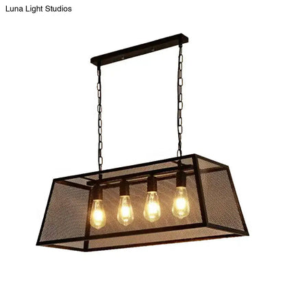 DecorBites industrial black metal pendant light fixture with mesh shade and four exposed Edison bulbs rectangular frame