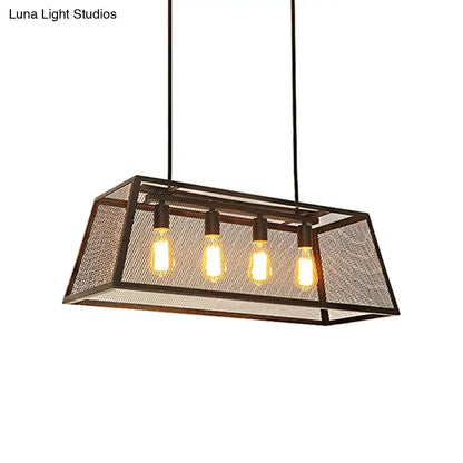 DecorBites industrial black metal pendant light fixture with rectangular frame and four exposed Edison bulbs