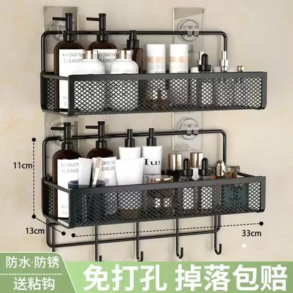 Industrial black metal mesh two tier wall shelf organizer with suction cups and hooks for kitchen storage