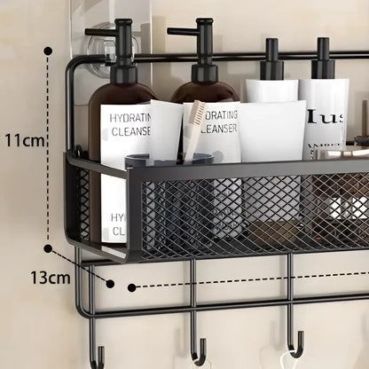 Industrial black metal mesh two tier wall shelf organizer with hooks and suction cup attachment for kitchen use