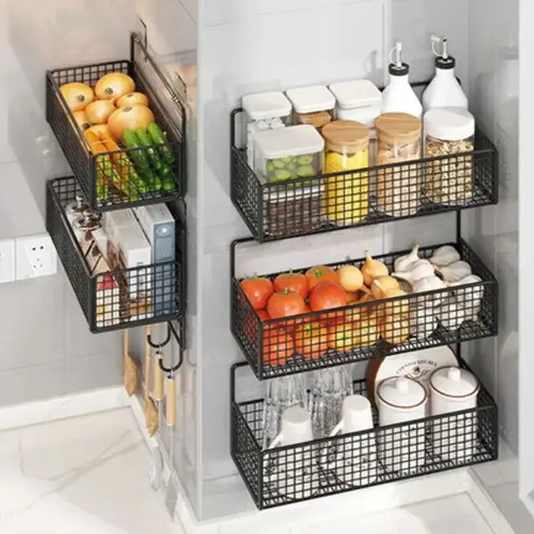 Black metal mesh wall shelf organizer with three stacked tiers featuring a sleek grid design for kitchen storage