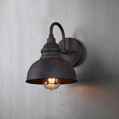 Rustic black metal wall lamp with curved arm and dome shade for industrial led outdoor decorbites industrial led use