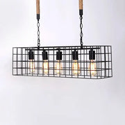 Decorbites industrial style black metal hanging lamp with rectangle cage shade and five exposed bulbs for bars
