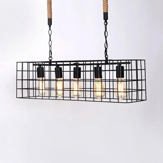 Decorbites industrial style black metal hanging lamp with rectangle cage shade and five exposed bulbs for bars