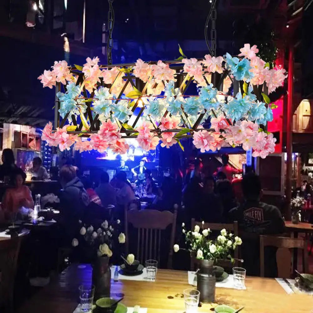 Decorbites black metal industrial rectangle island light with five bulbs and pink blue flower decor 220v-240v 110v-120v