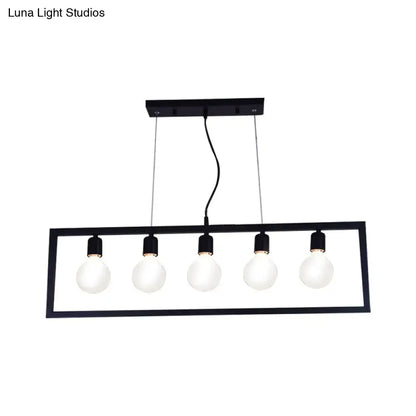 Decorbites industrial style black metal rectangular pendant light fixture with five frosted glass bulbs for ceiling hanging