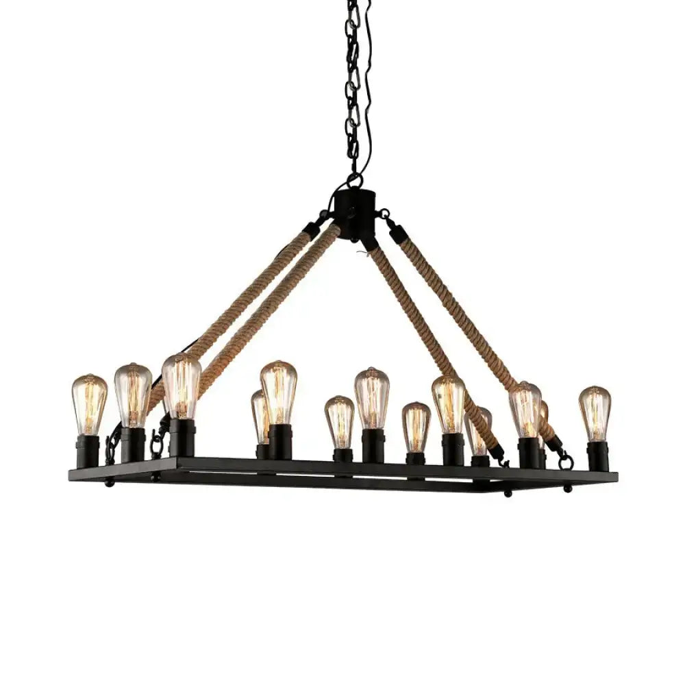 Black metal rectangle hanging lamp with nautical rope accents and exposed filament bulbs for rope island lighting