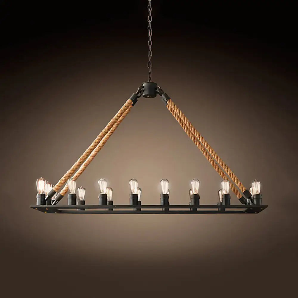 Decorbites modern rectangle hanging lamp with black metal frame, natural rope suspenders, and exposed edison bulbs for rope island lighting