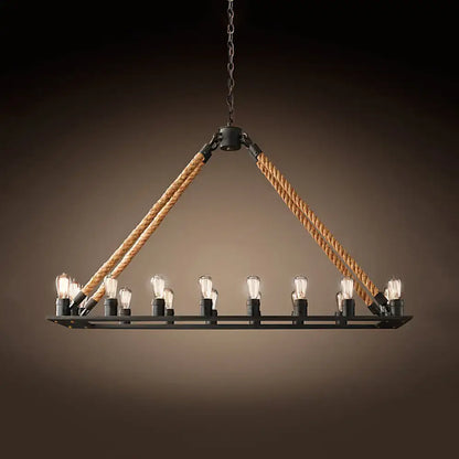 Decorbites modern rectangle hanging lamp with black metal frame, natural rope suspenders, and exposed edison bulbs for rope island lighting