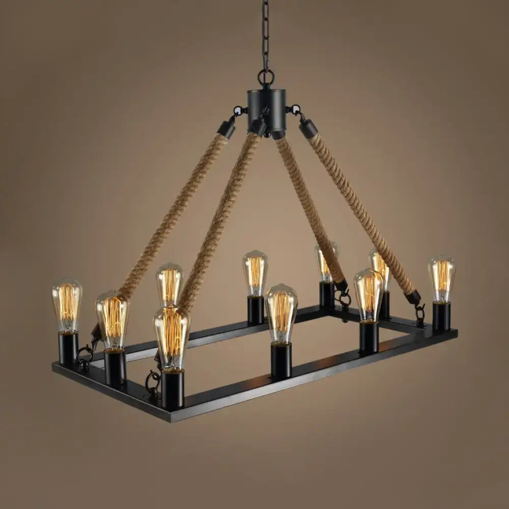 Decorbites™ modern rectangle hanging lamp with black metal frame rope island lighting and exposed filament bulbs