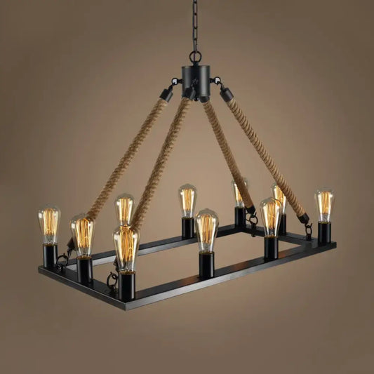 Decorbites™ modern rectangle hanging lamp with black metal frame rope island lighting and exposed filament bulbs