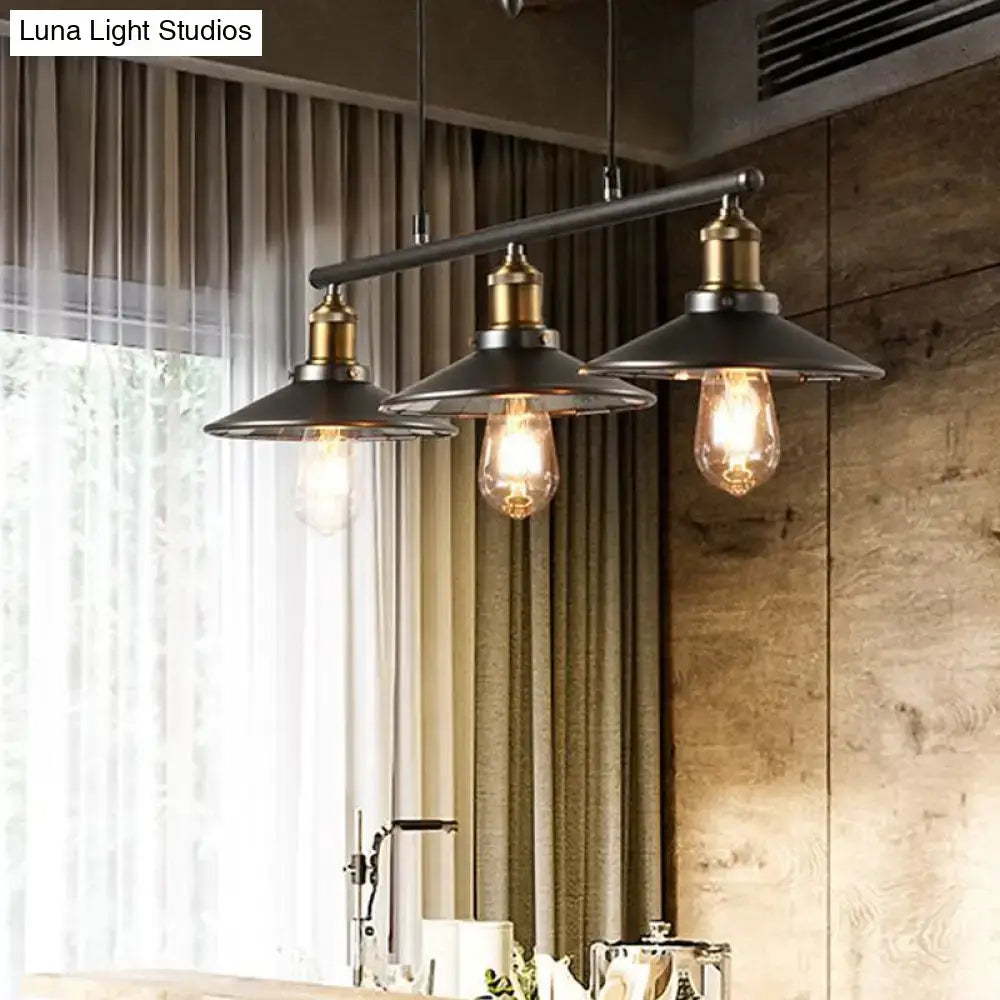 Decorbites industrial metal saucer foyer island ceiling light with three black hanging lights and brass accents