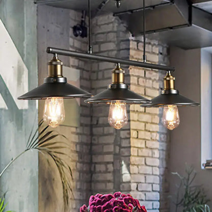 DecorBites™ industrial metal saucer foyer island ceiling light with three black pendant lights and brass accents