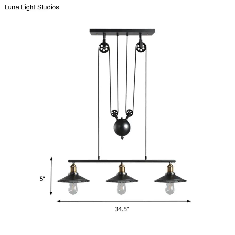 DecorBites™ industrial metal saucer foyer island ceiling light with three black pendant lights and central pulley system