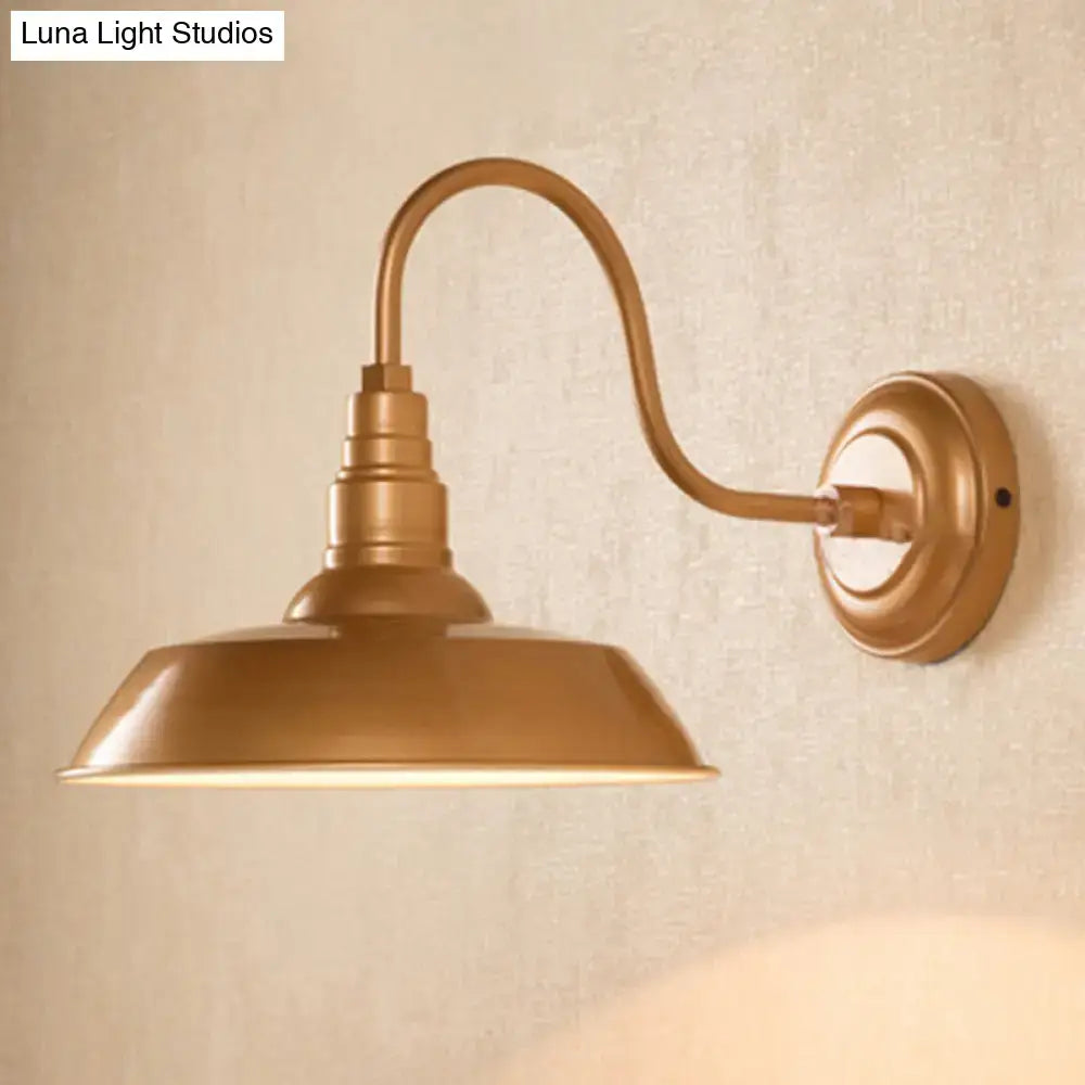 Brass-finished decorbites industrial iron wall light with curved arm metal shade for led incandescent fluorescent bulbs